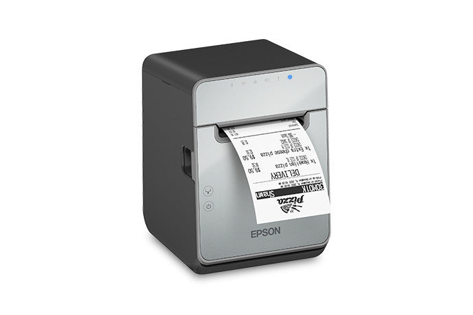 Epson TM-L100 liner-free label and receipt printer, black, USB + Ethernet + serial (C31CJ52103) – right 3/4 view with receipt