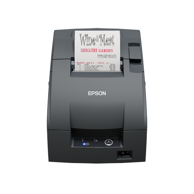 Epson TM-U220IID compact impact dot matrix POS receipt printer, dark grey, serial (C31CL28102) – front view with receipt