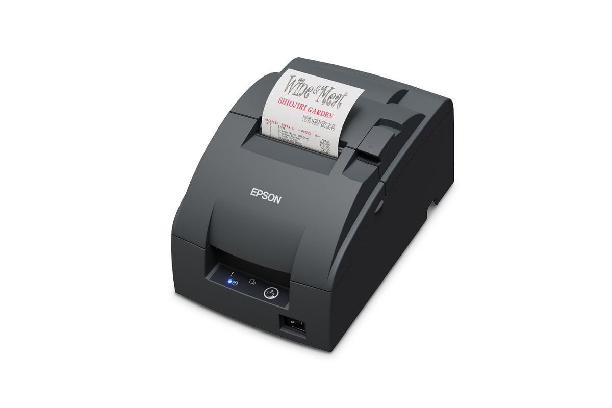 Epson TM-U220IIB impact dot matrix POS receipt printer with autocutter, dark grey (Epson Dark Grey), Ethernet (C31CL27142) – left 3/4 view with receipt