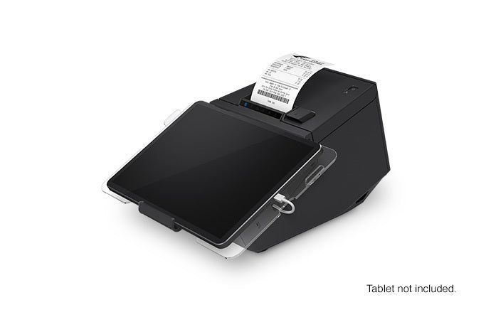 Epson TM-m30II-SL all-in-one POS receipt printer with built-in tablet mount, black (C31CH63512) – left 3/4 view with small tablet