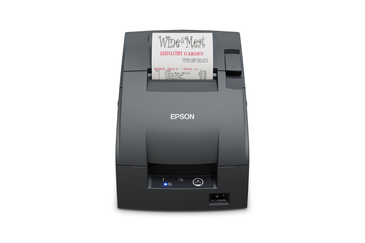 Epson TM-U220IIB impact dot matrix POS receipt printer with autocutter, dark grey (Epson Dark Grey), Ethernet (C31CL27142F3) – front view printing a receipt