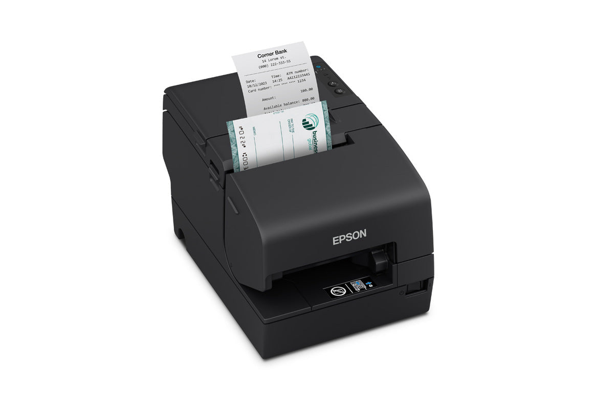 Epson TM-H6000VI hybrid multifunction POS receipt printer with MICR, black, serial (C31CL25112) – printing a receipt