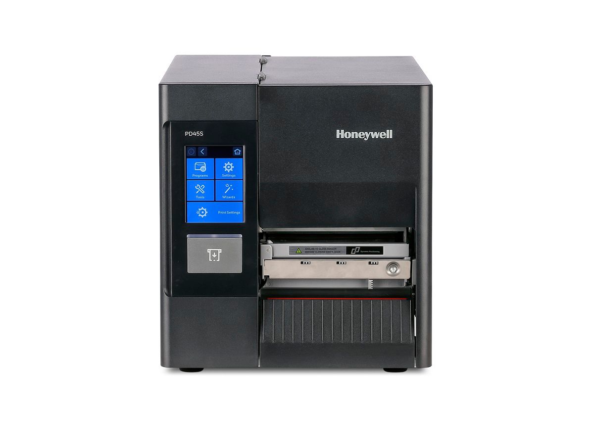 Honeywell PD45S industrial label printer, 3.5-inch colour touchscreen, tear bar, 203 dpi, thermal transfer (PD45S0FE010000200) – front view