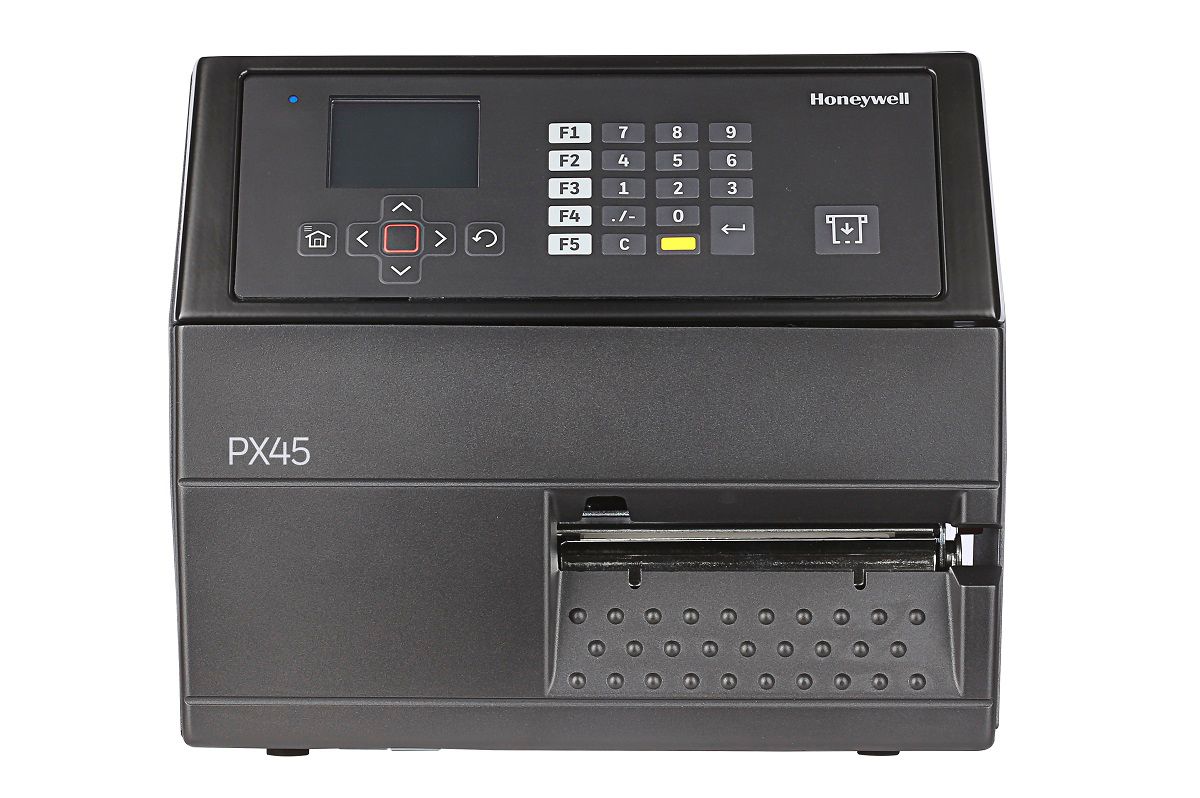 Honeywell PX45 industrial label printer, LCD display with keypad, tear bar, Wi-Fi, 203 dpi, thermal transfer (PX45A02000000200) – front view