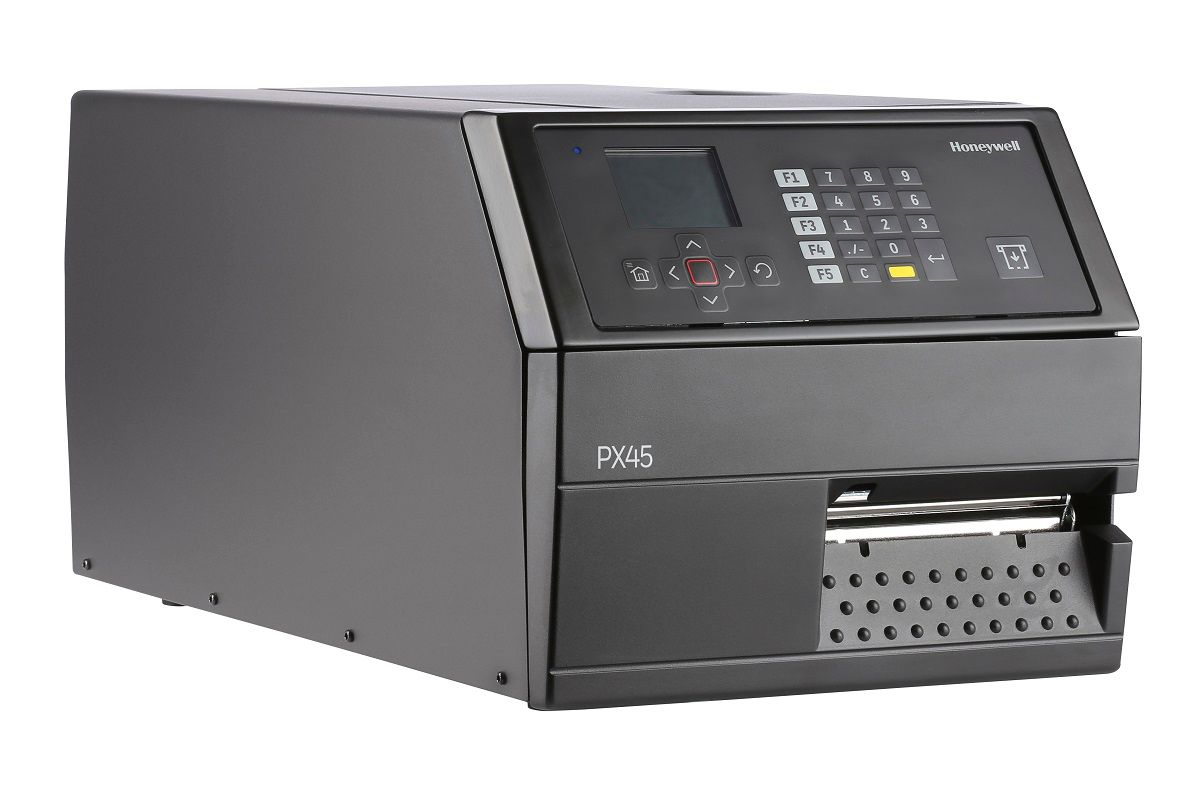 Honeywell PX45 industrial label printer, LCD display with keypad, tear bar, parallel port, 406 dpi, thermal transfer (PX45A00010000400) – right angled view