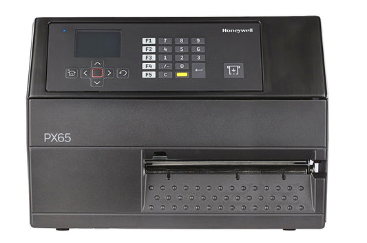 Honeywell PX65 industrial label printer, LCD display with keypad, tear bar, 300 dpi, thermal transfer (PX65A00000000300) – front view