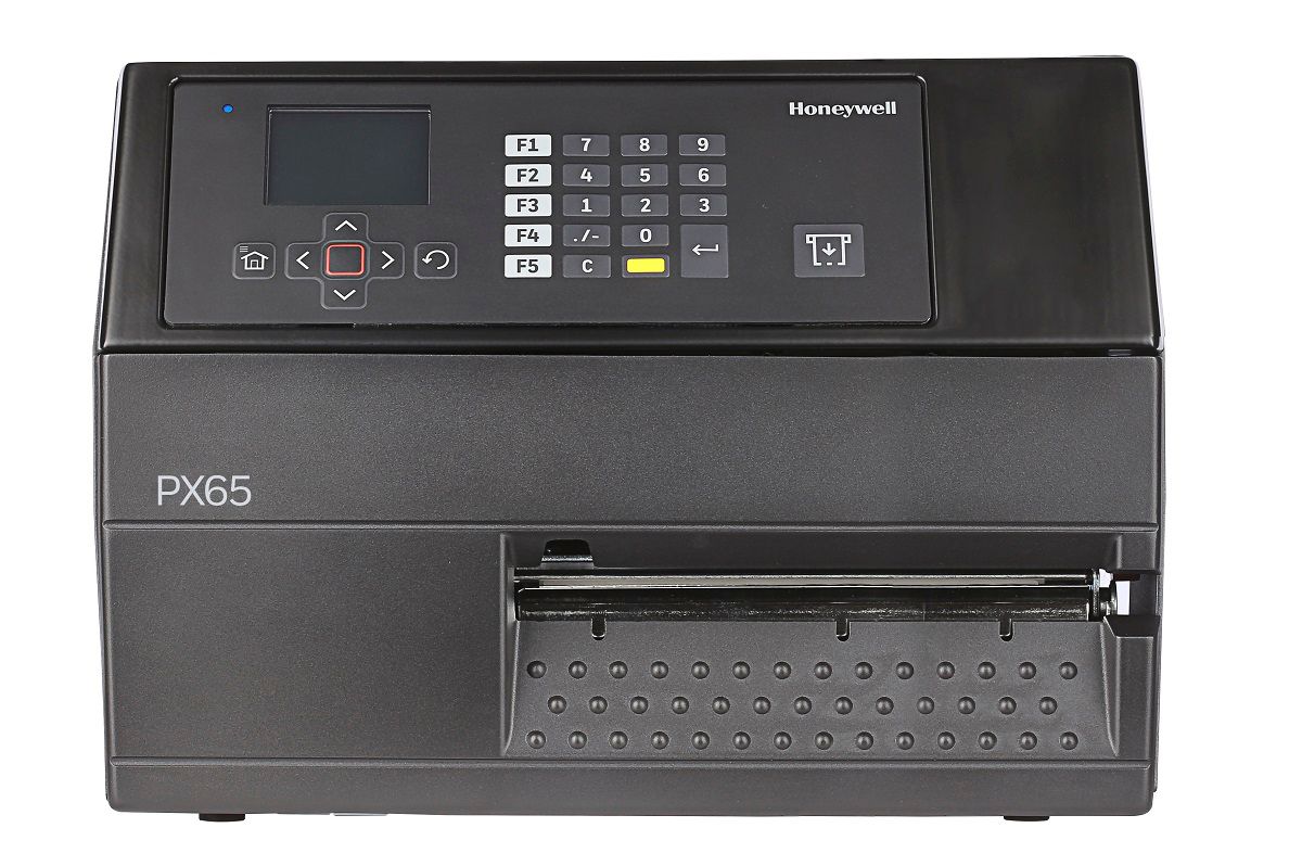 Honeywell PX65 industrial label printer, LCD display with keypad, tear bar, UHF RFID, 203 dpi, thermal transfer (PX65A00EU0000200) – front view