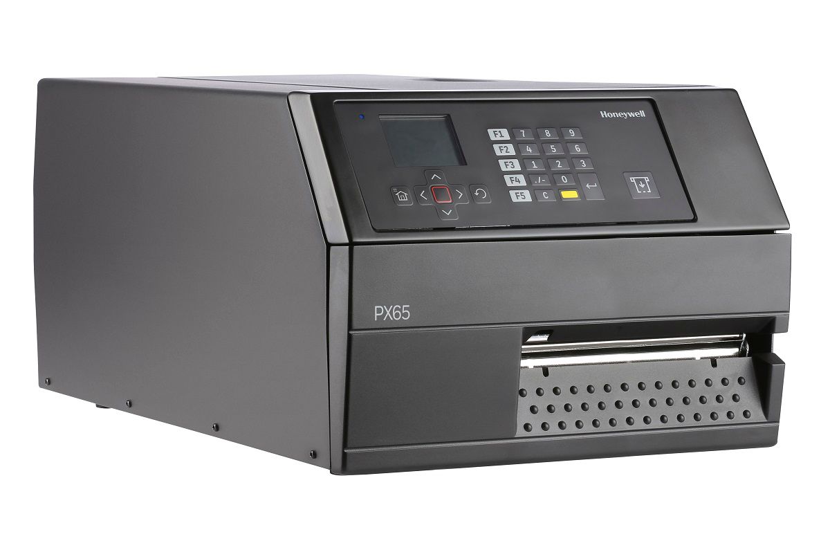 Honeywell PX65 industrial label printer, LCD display with keypad, tear bar, UHF RFID, 203 dpi, thermal transfer (PX65A00EU0000200) – right angled view