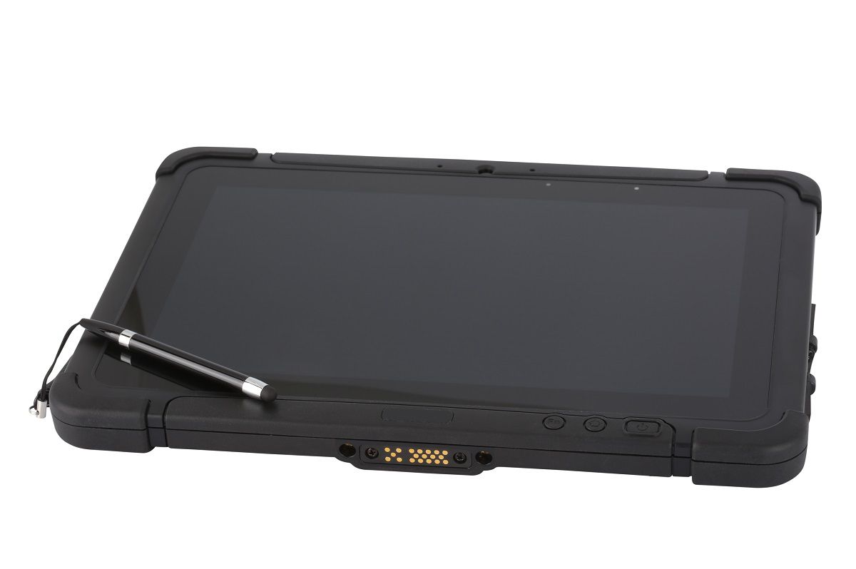 Honeywell RT10A 10.1" rugged Android tablet with N6803 FlexRange imager, Wi-Fi (RT10A-L0N-38C12S0E) – angled view with stylus