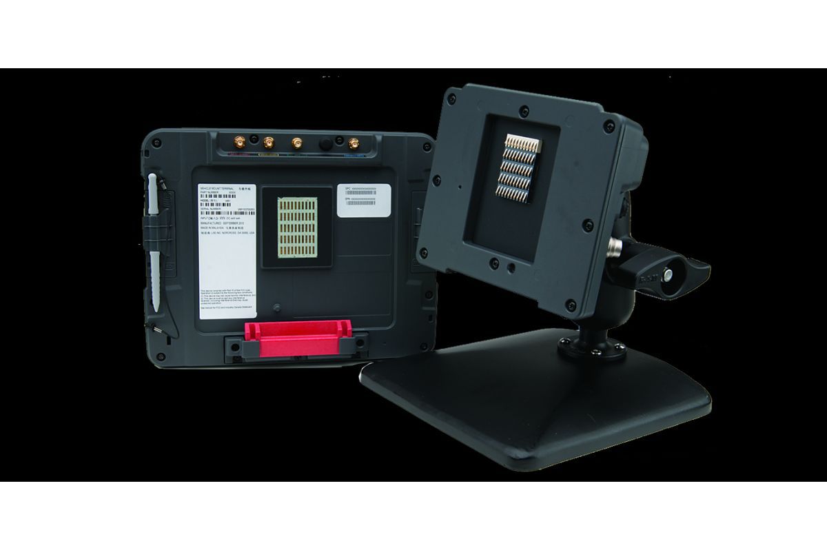 Honeywell Thor VM1A 8" Android vehicle-mount computer with integrated QWERTY keypad, outdoor, resistive touch (VM1A-L0N-1A3A20E) – back view with vehicle dock