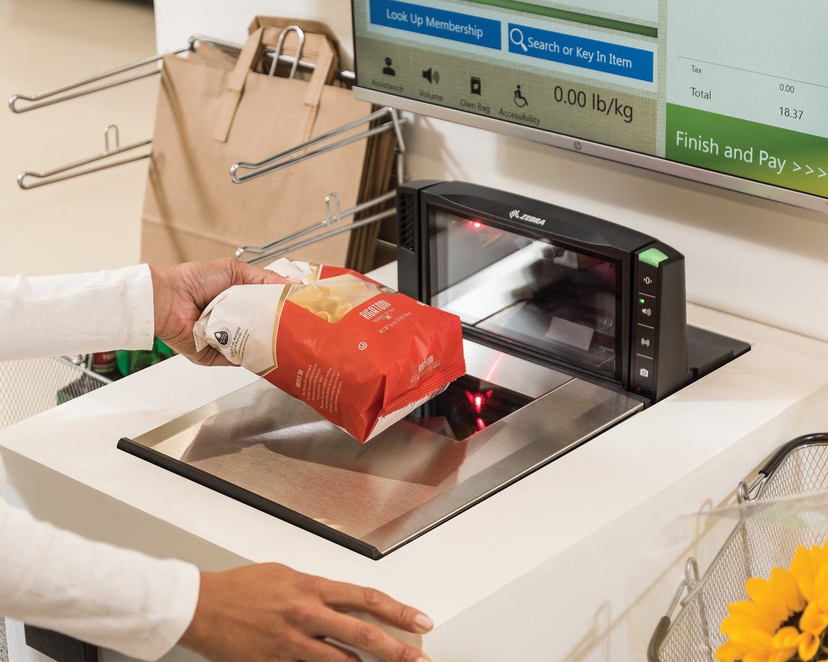 Zebra MP7200 multi-plane countertop scanner (MP7200-SNS0N000WW) – in use at a self-checkout