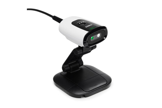 Zebra DS55 Labs fixed-mount scanner in Alpine White (DS5502-LB4000WZZWW) – shown on the optional 3-in-1 mount
