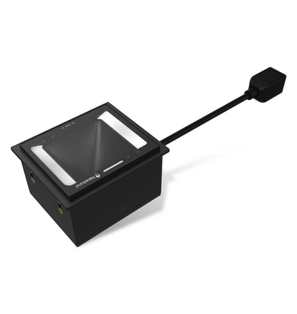 Newland FM3281 Grouper fixed-mount 2D scanner with NFC, RS-232 kit with power adapter (NLS-FM3281-NFC-28) – 3/4 view with attached lead