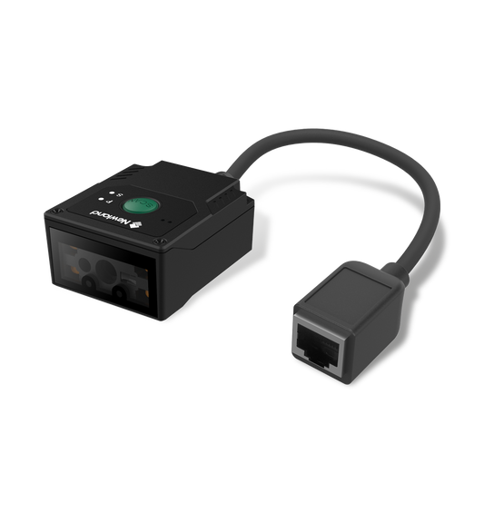 Newland FM431 Barracuda PRO fixed-mount 2D scanner, RS-232 kit with power adapter (NLS-FM431-SR-RC) – 3/4 view with attached cable