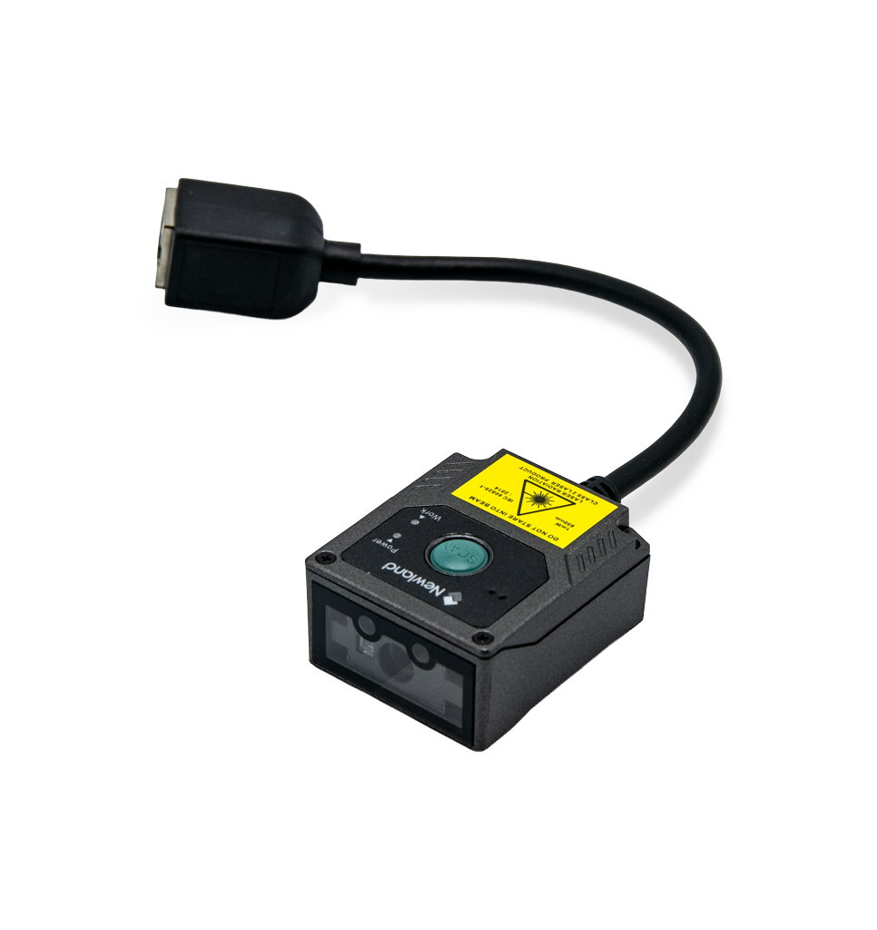 Newland FM430 Barracuda fixed-mount 2D scanner, laser aimer, USB kit (NLS-FM430L-U) – 3/4 view with attached cable