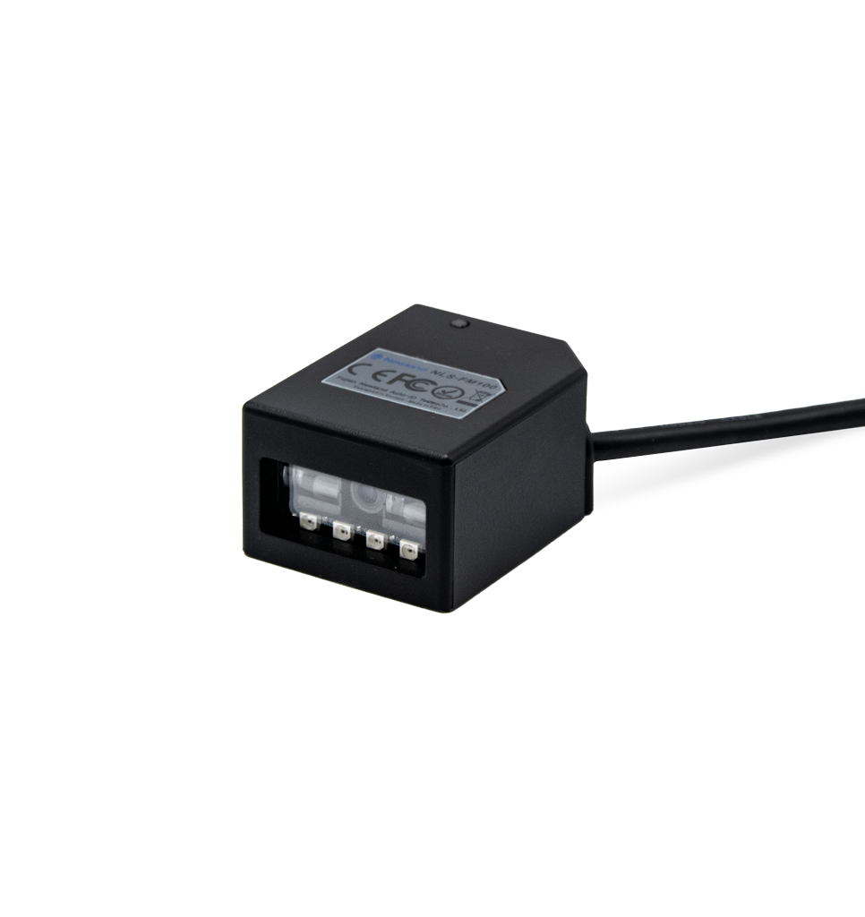 Newland FM100 fixed-mount 1D CCD scanner, RS-232 kit with power adapter (NLS-FM100GD-RC) – 3/4 view with attached cable