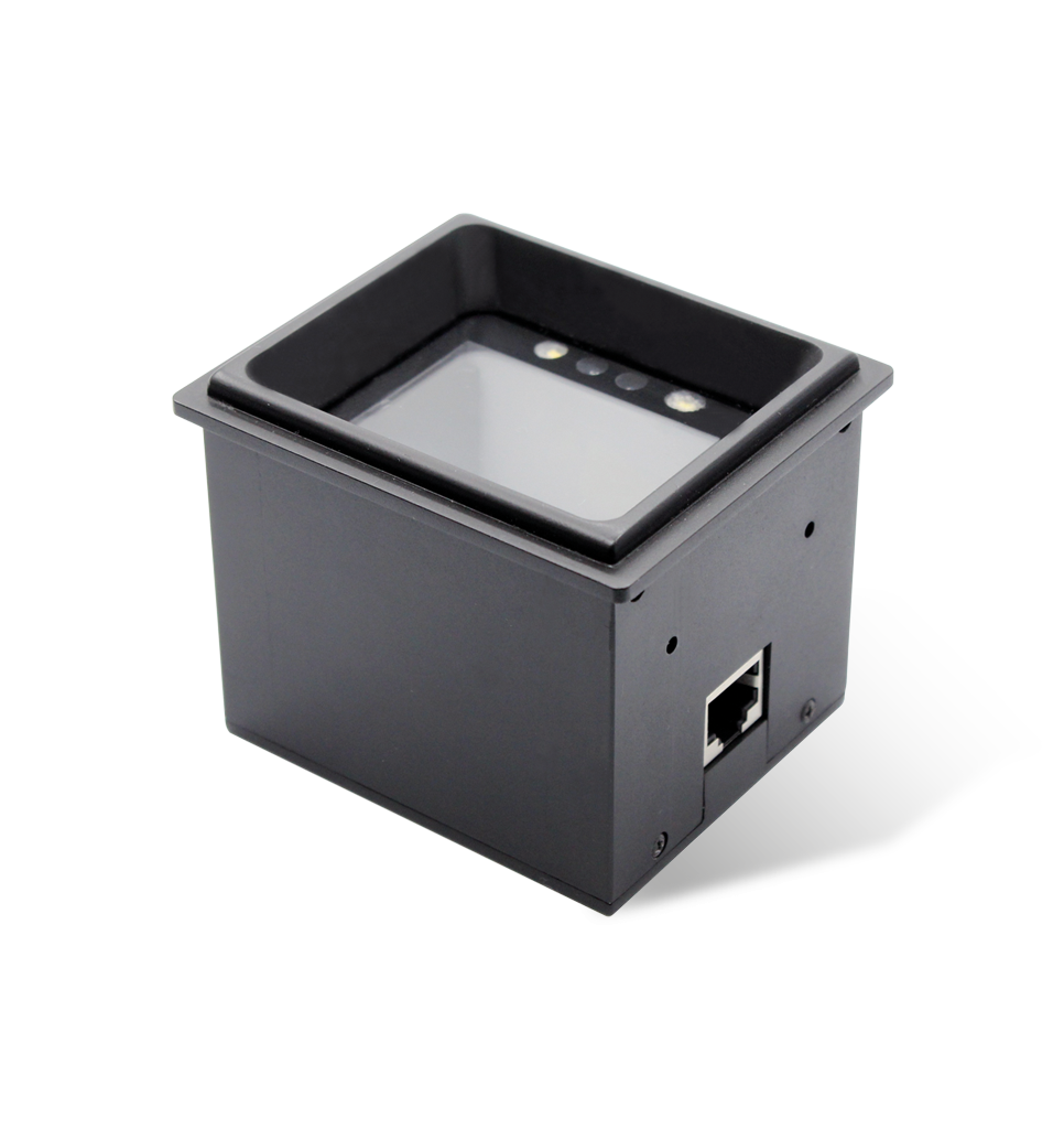 Newland FM3051 Grouper fixed-mount 2D scanner, RS-232 kit with power adapter (NLS-FM3051-28) – 3/4 view of the recessed scan window