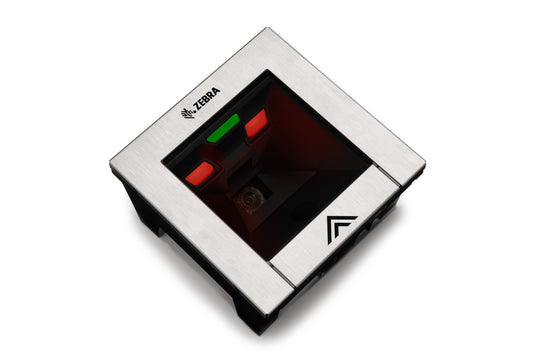 Zebra SP7201-H horizontal in-counter scanner with Checkpoint EAS, DLC glass (SP7201-SH00004DCWW) – left 3/4 view, illuminated
