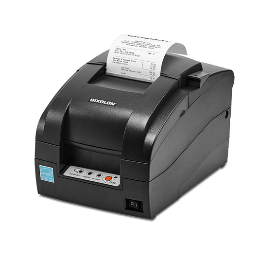 Bixolon SRP-275III dot matrix (impact) receipt printer, auto-cutter, USB + serial, dark grey (SRP-275IIIV2AOSG/BEG) – 3/4 view printing a receipt