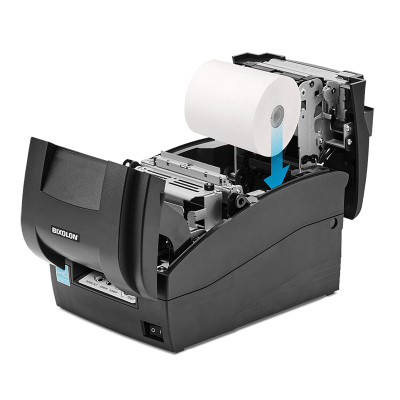 Bixolon SRP-275III dot matrix (impact) receipt printer, tear bar, USB + parallel, dark grey (SRP-275IIICOPG/BEG) – cover open for easy paper loading