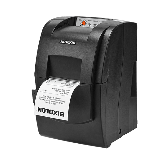 Bixolon SRP-275III dot matrix (impact) receipt printer, auto-cutter, USB + parallel, dark grey (SRP-275IIIAOPG) – front view with receipt