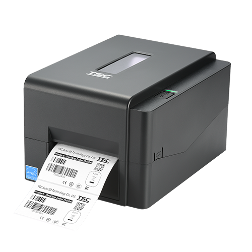 TSC TE210 desktop thermal transfer label printer, 203 dpi, USB/Ethernet/RS-232, black (99-065A301-00LF00) – front view with labels