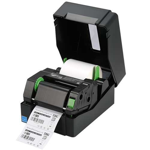 TSC TE210 desktop thermal transfer label printer, 203 dpi, USB/Ethernet/RS-232, black (99-065A301-00LF00) – open cover, ribbon and media loaded