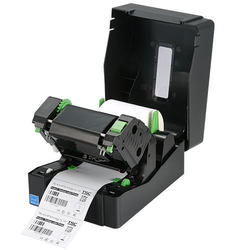 TSC TE210 desktop thermal transfer label printer, 203 dpi, USB/Ethernet/RS-232, Bluetooth, black (99-065A301-U1LF00) – open cover, ribbon mechanism