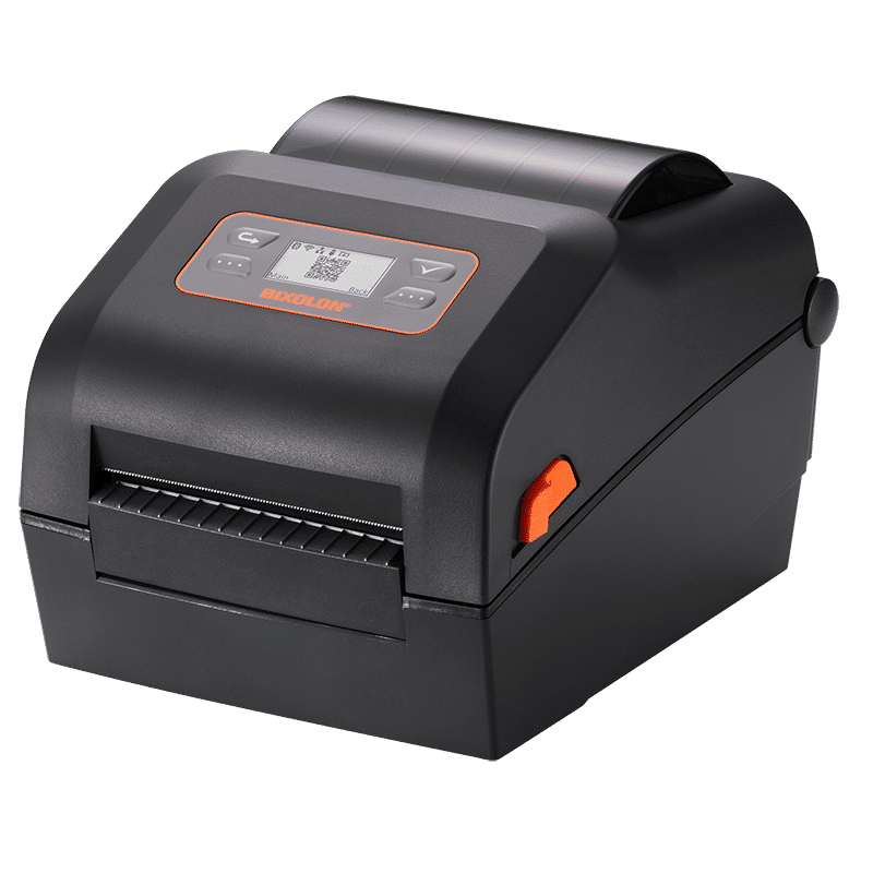 BIXOLON XD5-43d 4-inch direct thermal desktop label printer, black (XD5-43dEBK) – front view with LCD