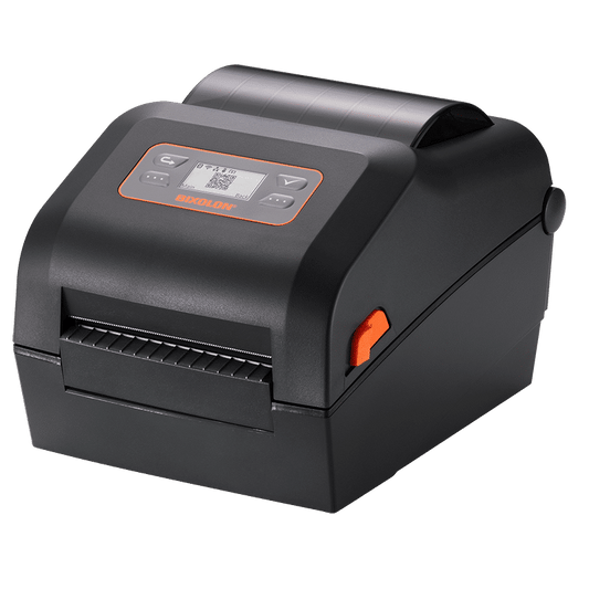 BIXOLON XD5-40d 4-inch direct thermal desktop label printer, black (XD5-40dK/BEG) – front view with LCD