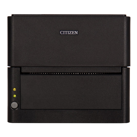 Citizen CL-E300 4-inch direct thermal desktop label printer, 203 dpi, USB, RS-232 and Ethernet, black (CLE300XEBXXX) – front view, black