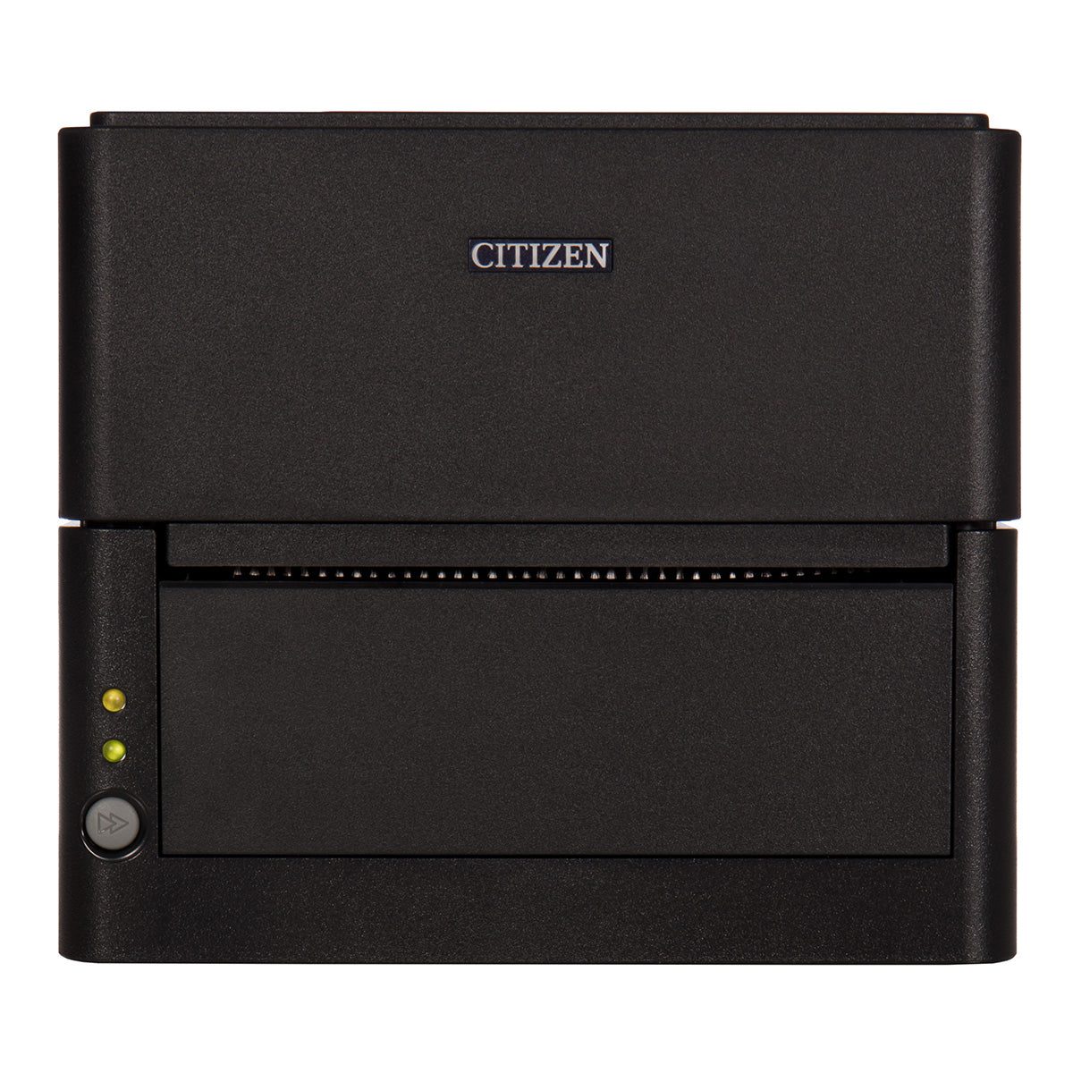 Citizen CL-E303 4-inch direct thermal desktop label printer, 300 dpi, USB, RS-232 and Ethernet, black (CLE303XEBXXX) – front view, black