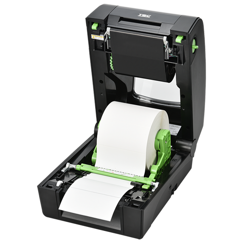 TSC TH340 4-inch desktop thermal transfer label printer, 300 dpi, LED, black (TH340-A001-1002) – open cover with label roll