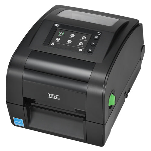 TSC TH340T 4-inch desktop thermal transfer label printer, 300 dpi, touch display, black (TH340-A001-0002) – front 3/4 view, colour touch display