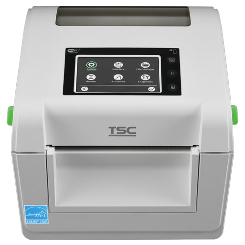 TSC DH340THC 4-inch healthcare desktop direct thermal label printer, 300 dpi, touch display, white (DH340HC-A001-0002) – angled view