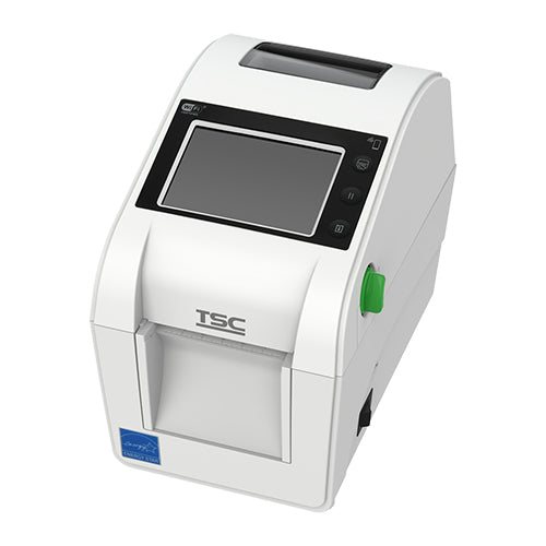 TSC DH220LHC healthcare desktop label printer, white, touch LCD, linerless tear-off, Bluetooth (DH220LHC-A001-0242) – angled view