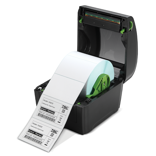 TSC DA220 4-inch direct thermal desktop label printer, 203 dpi, USB + Ethernet, black (99-158A015-2102) – angled view
