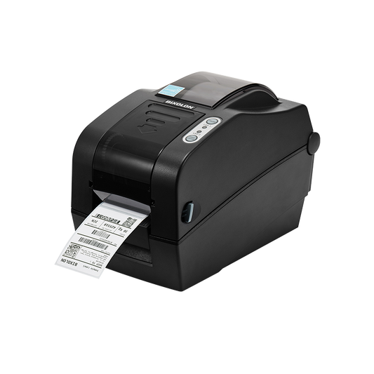 BIXOLON SLP-TX223 2-inch thermal transfer desktop label printer, dark grey (SLP-TX223EG/BEG) – angled view