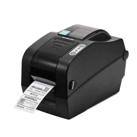 BIXOLON SLP-TX223 2-inch thermal transfer desktop label printer, dark grey (SLP-TX223G) – front view with label
