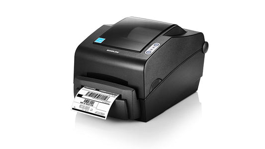 BIXOLON SLP-TX403 4-inch thermal transfer desktop label printer, dark grey (SLP-TX403G) – front view with label