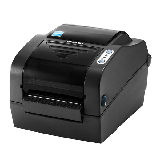 BIXOLON SLP-TX423 4-inch thermal transfer desktop label printer, dark grey (SLP-TX423EG) – angled view