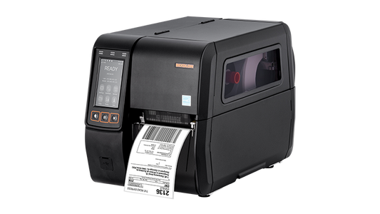 BIXOLON XT5-43NR 4-inch industrial UHF RFID thermal transfer label printer, black (XT5-43NRES/BEG) – printing a label