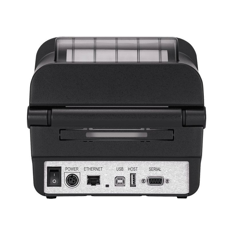 BIXOLON XL5-40CT linerless desktop label printer with LCD and auto cutter, 203 dpi, USB, Ethernet, Wi-Fi, dark grey (XL5-40CTOEWG/BEG) – rear interfaces