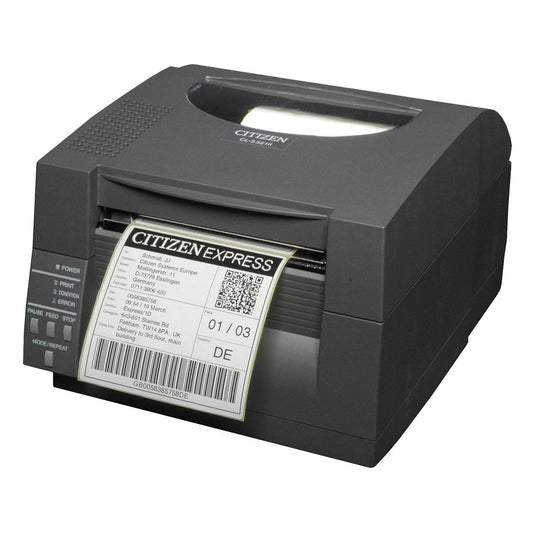 Citizen CL-S521II 4-inch direct thermal desktop label printer, 203 dpi, USB and RS-232, black (CLS521IINEBXX) – front view