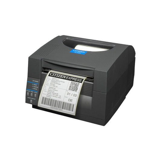 Citizen CL-S521II 4-inch direct thermal desktop label printer, 203 dpi, USB and RS-232, black (CLS521IINEBXX) – angled view