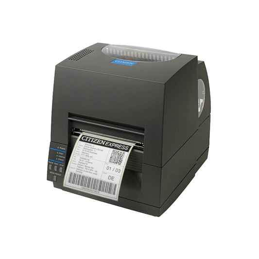 Citizen CL-S631II 4-inch thermal transfer desktop label printer, 300 dpi, CL-S621II front badge, USB and RS-232, black (CLS631IINEBXX) – angled view