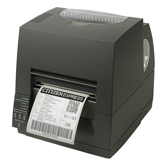 Citizen CL-S631II 4-inch thermal transfer desktop label printer, 300 dpi, CL-S621II front badge, USB and RS-232, black (CLS631IINEBXX) – front view