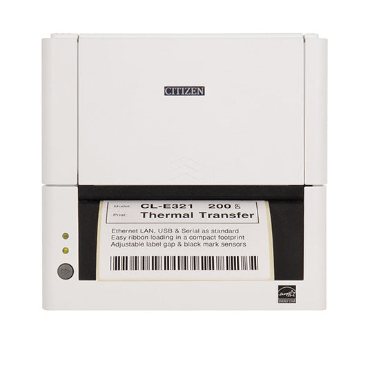 Citizen CL-E321 4-inch thermal transfer desktop label printer, 203 dpi, USB, RS-232 and Ethernet, pure white (CLE321XEWXXX) – printing a label