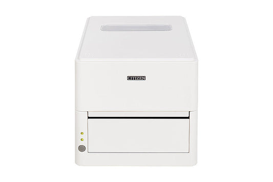 Citizen CL-H300SV 4-inch direct thermal desktop label printer with antibacterial housing, 203 dpi, USB, white (CLH300SVXEWNXXA) – angled front view