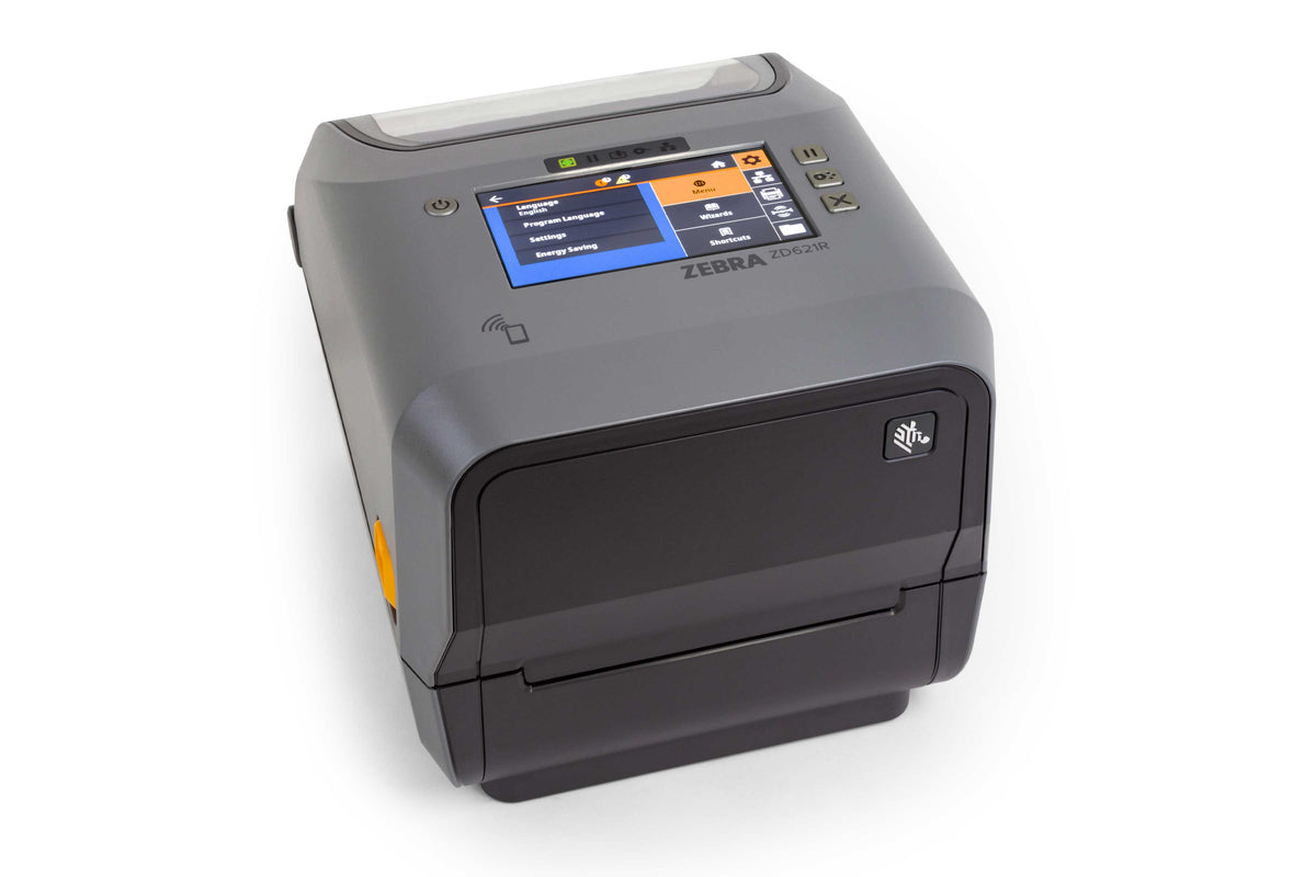 Zebra ZD621R 4-inch thermal transfer UHF RFID desktop label printer, grey, colour touch display, 203 dpi, peeler (dispenser), USB + Ethernet + RS-232 (ZD6A142-31EFR2EZ) – right view